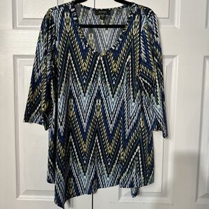 Karen Kane 1x blue‎ geometric print 3/4 sleeve tunic top.